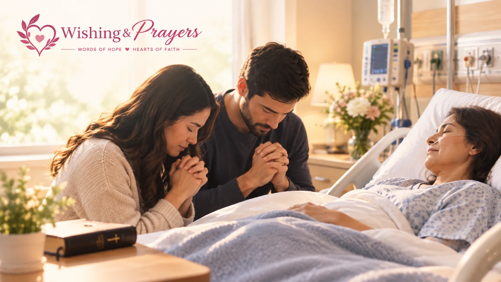 Friends praying together beside a hospital bed