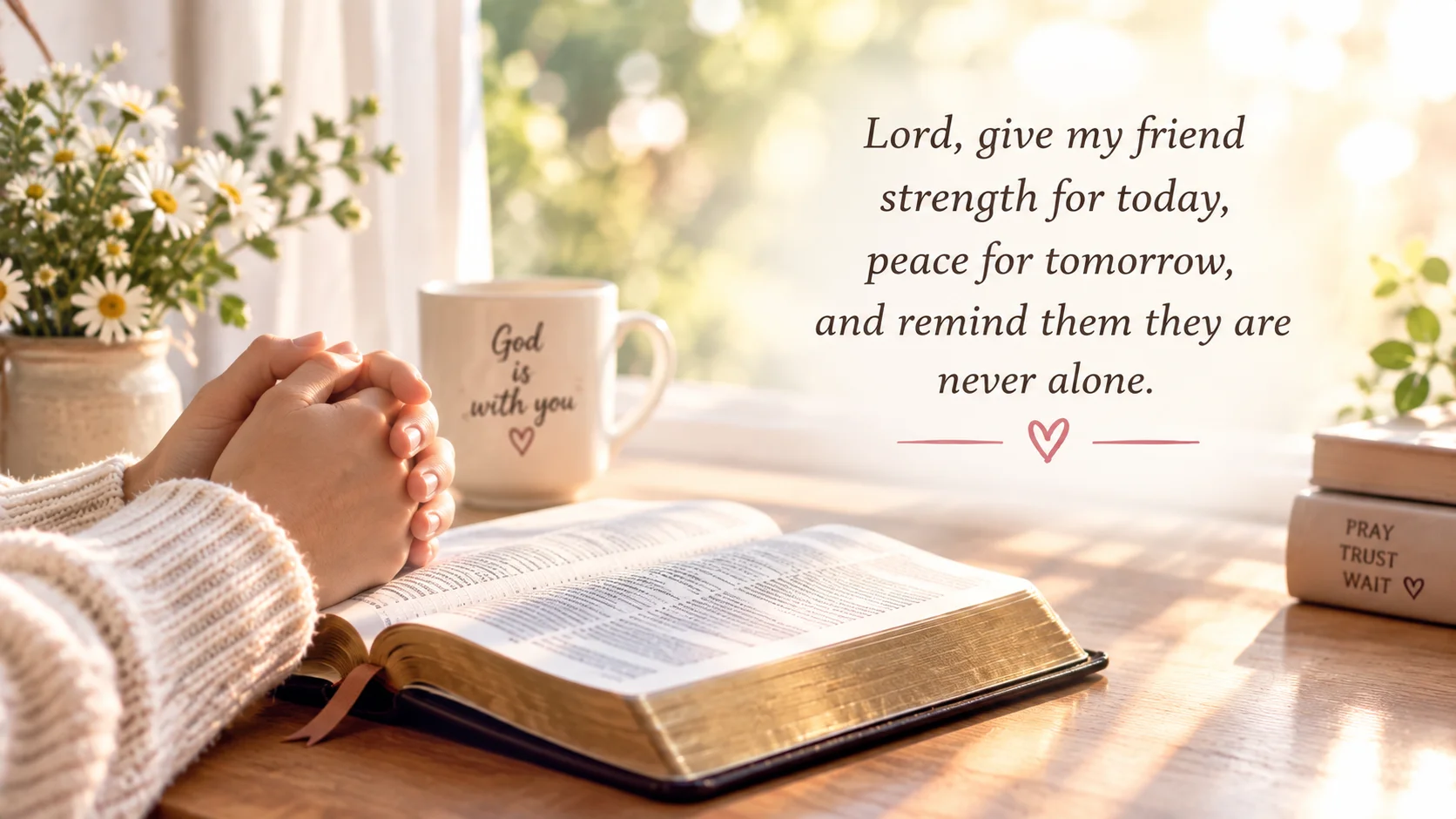 Hands folded in prayer beside an open Bible.