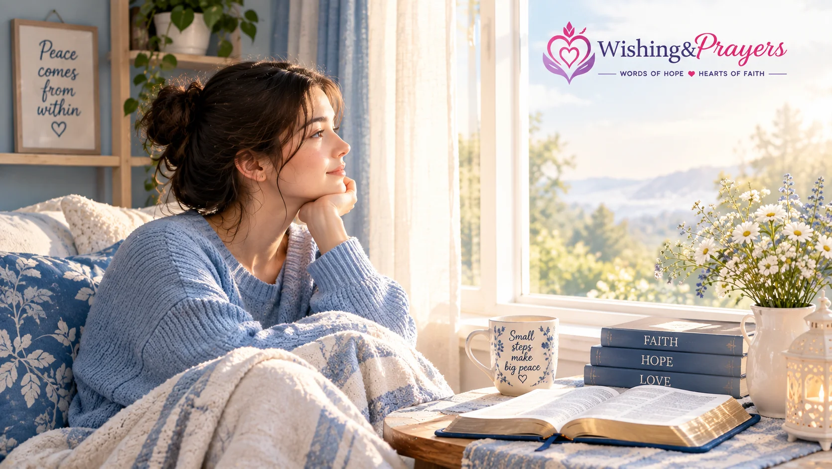 Friend sitting quietly in peaceful morning light while praying
