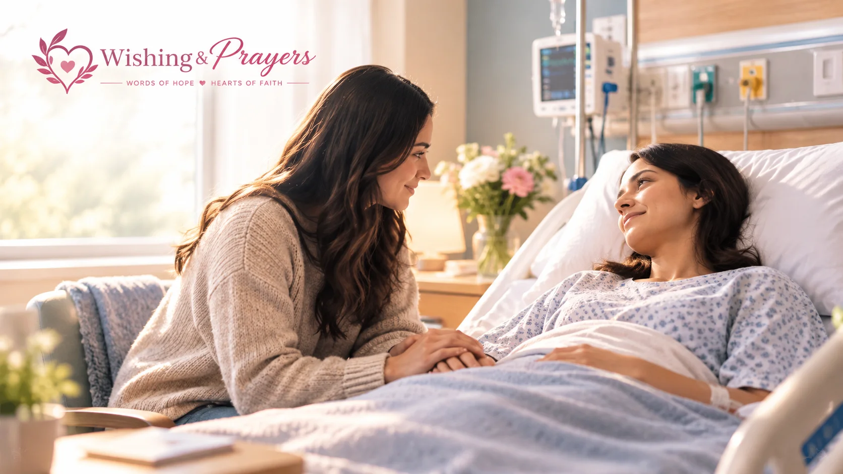 Friend sitting beside a loved one in a hospital room