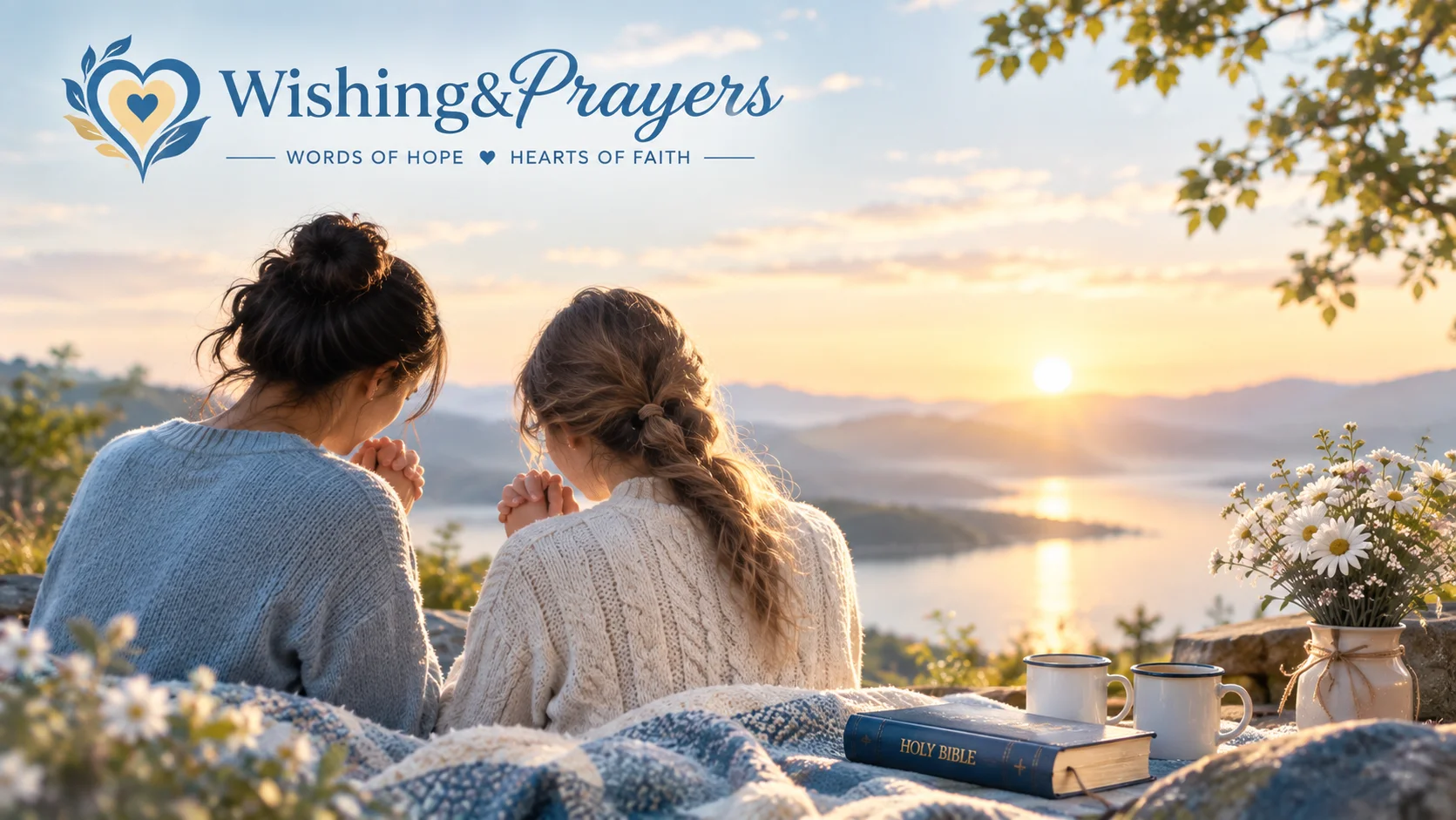 Two friends praying together during a peaceful morning