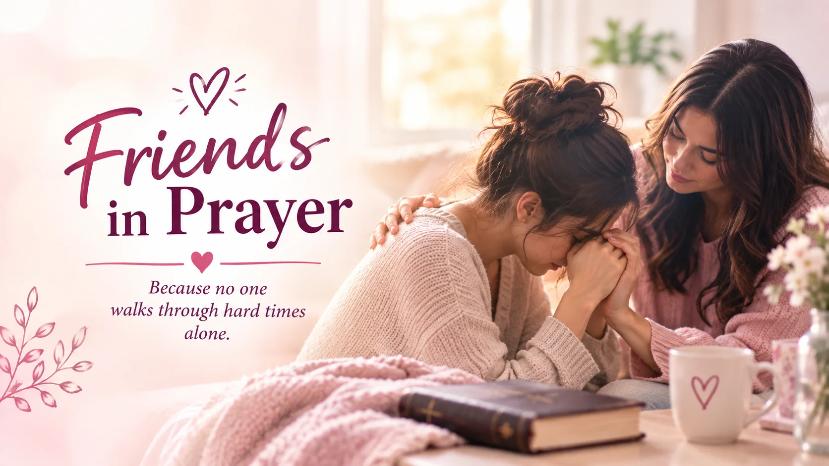 Two friends praying together for comfort and strength.