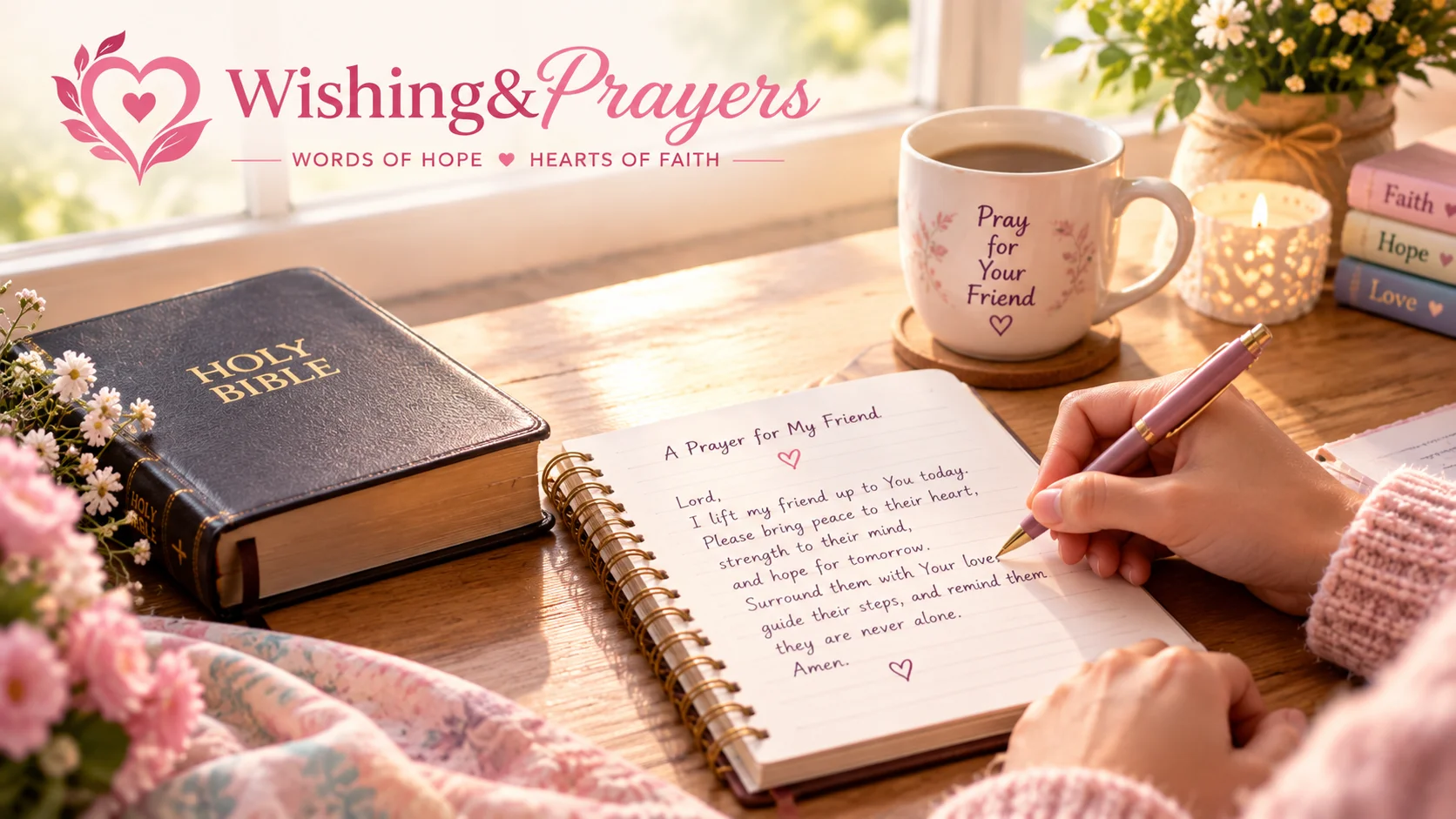 Writing a morning prayer for a friend in a journal