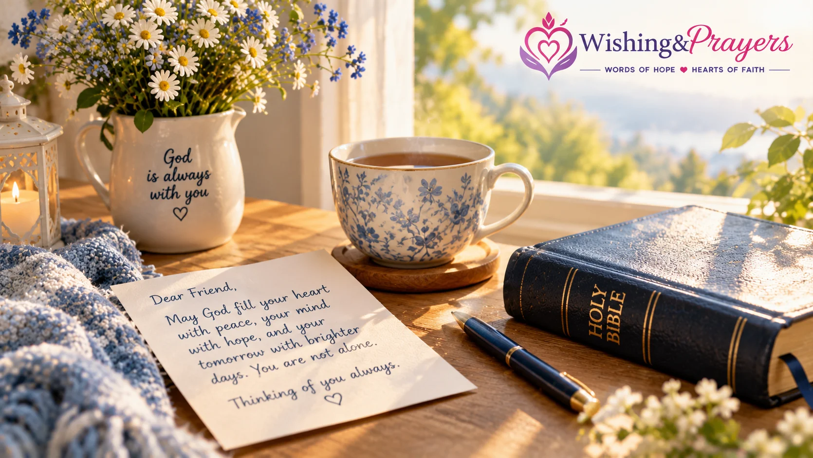 Bible and handwritten prayer beside a warm cup of tea