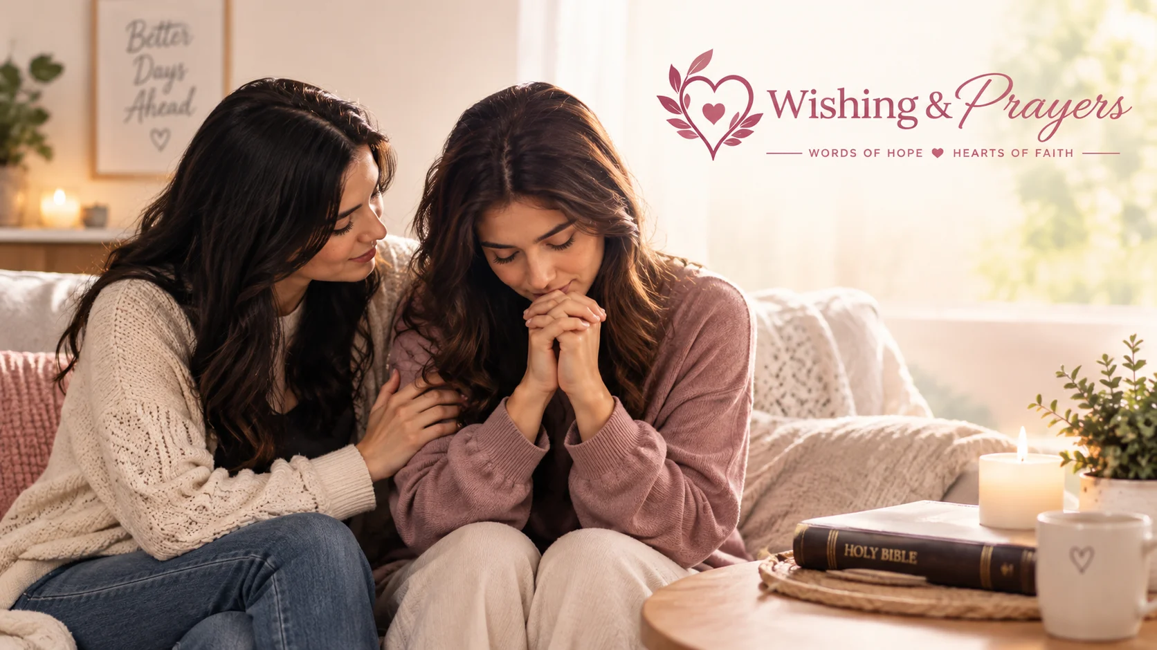 Two friends offering comfort and prayer during a difficult season

